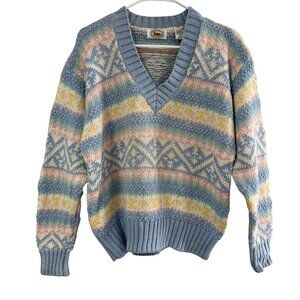 Vtg 80s Marsh Landing Pastel V-neck Knit Sweater Kawaii Size Large Ramie Cotton